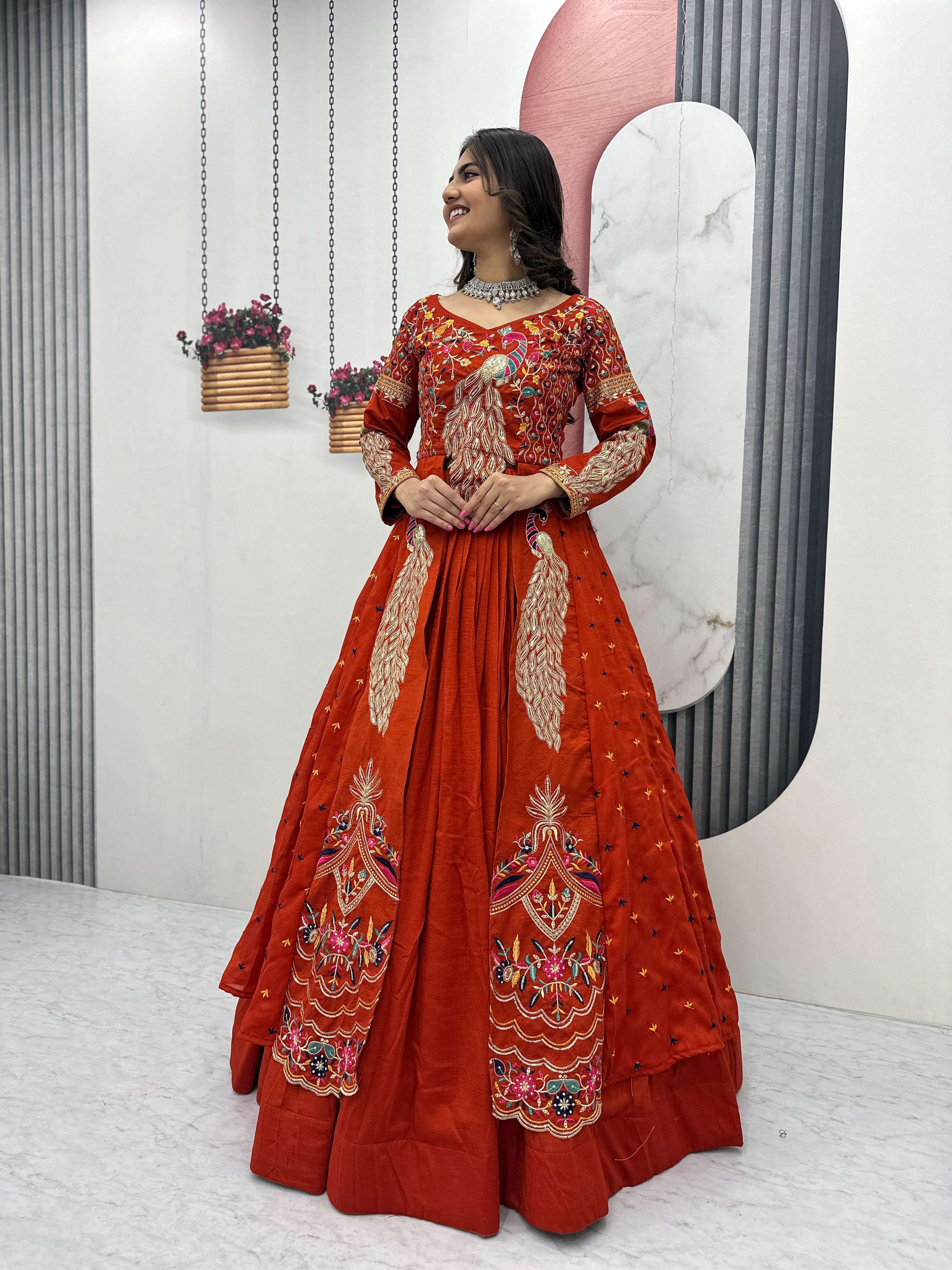Yash Enterprise Orange Vichitra Silk Party Wear Embroidery Crop Top With Blouse Lehenga Choli | Grocsy