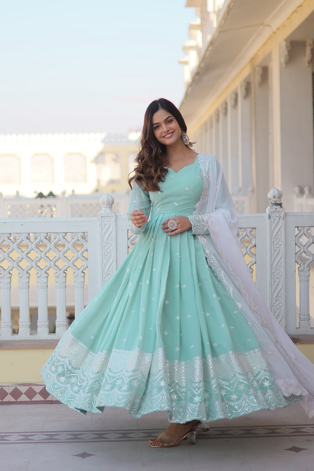 Yash Enterprise Green Pista Faux Georgette Party Wear Embroidery Suit Set | Grocsy