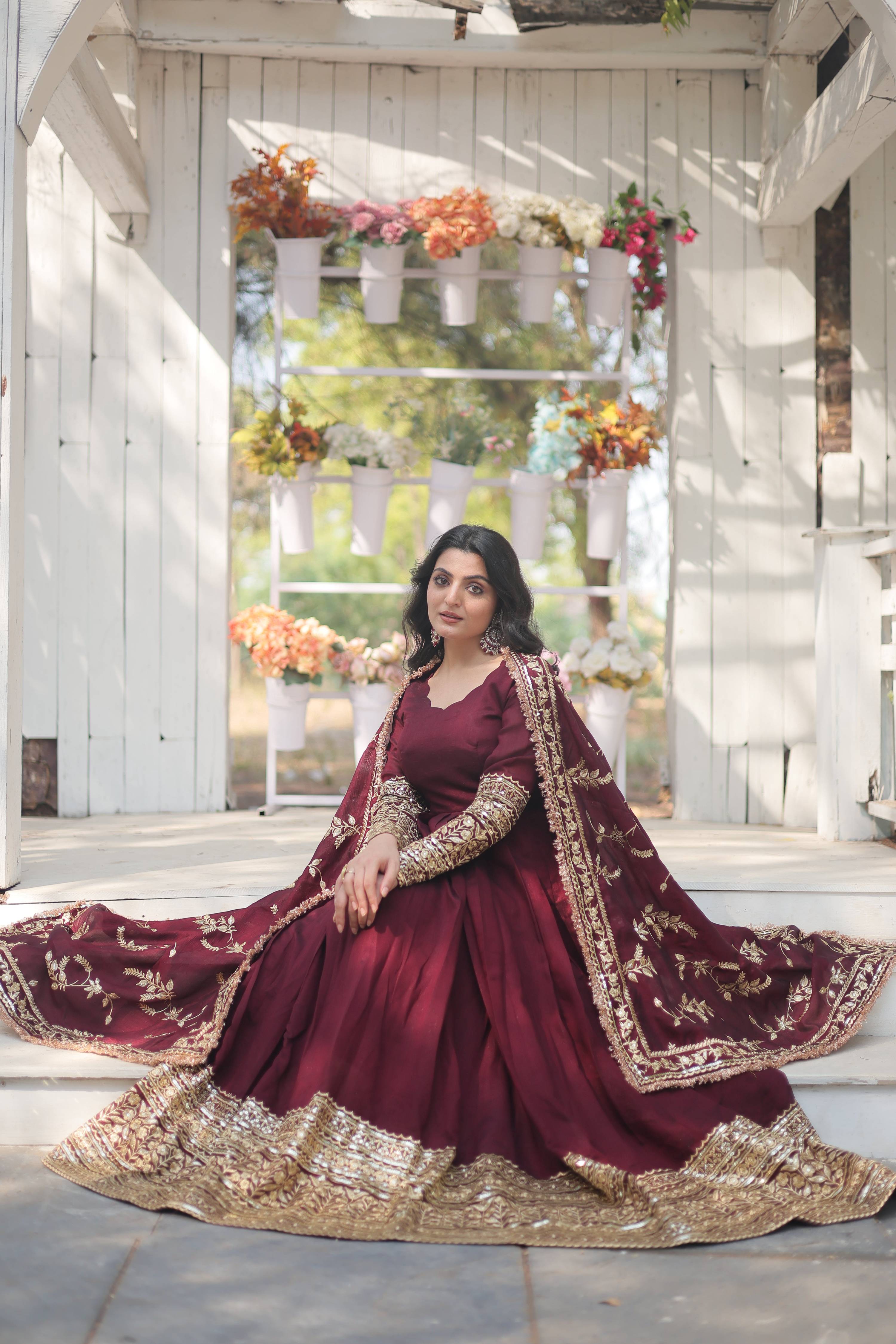 Yash Enterprise Dark Maroon Vichitra Shimmer With Rich Sequins Embroidered Work Party Wear Suit Set Stitched | Grocsy