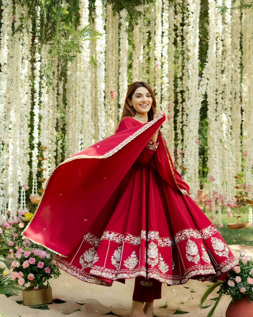 Yash Enterprise Red Roman Silk Embroidery Suit Set | Grocsy