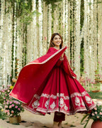 Yash Enterprise Red Roman Silk Embroidery Suit Set | Grocsy