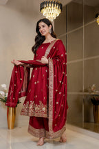 Yash Enterprise Maroon Simmar Silk Party Wear Embroidery Suit Set | Grocsy