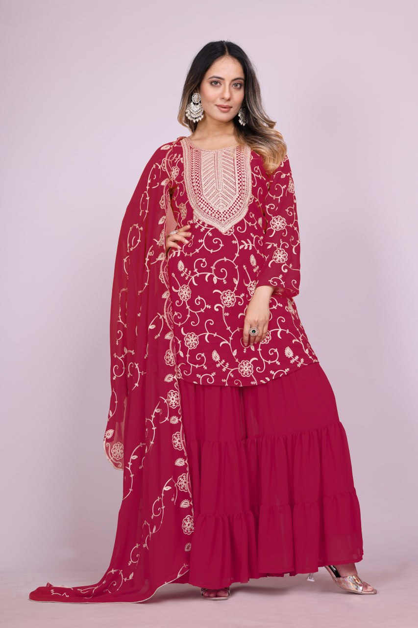 Yash Enterprise Maroon Chinon Silk Party Wear Embroidery Suit Set | Grocsy