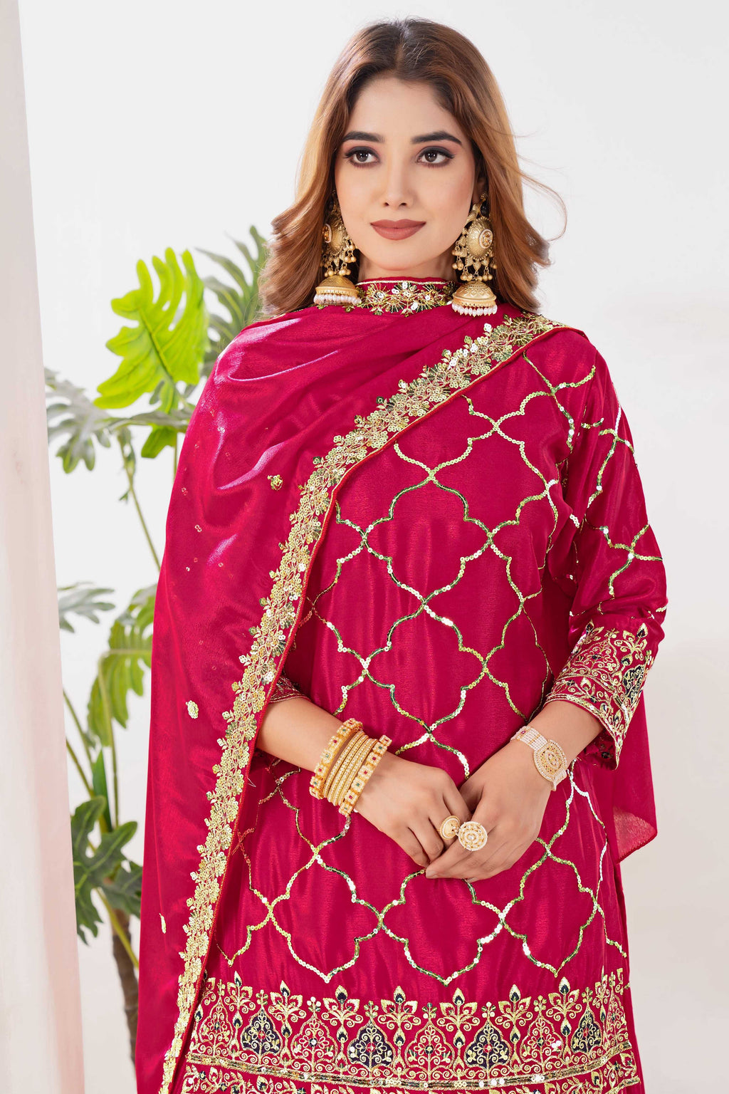 Yash Enterprise Red Chinnon Silk Embroidery Party Wear Suit Set | Grocsy
