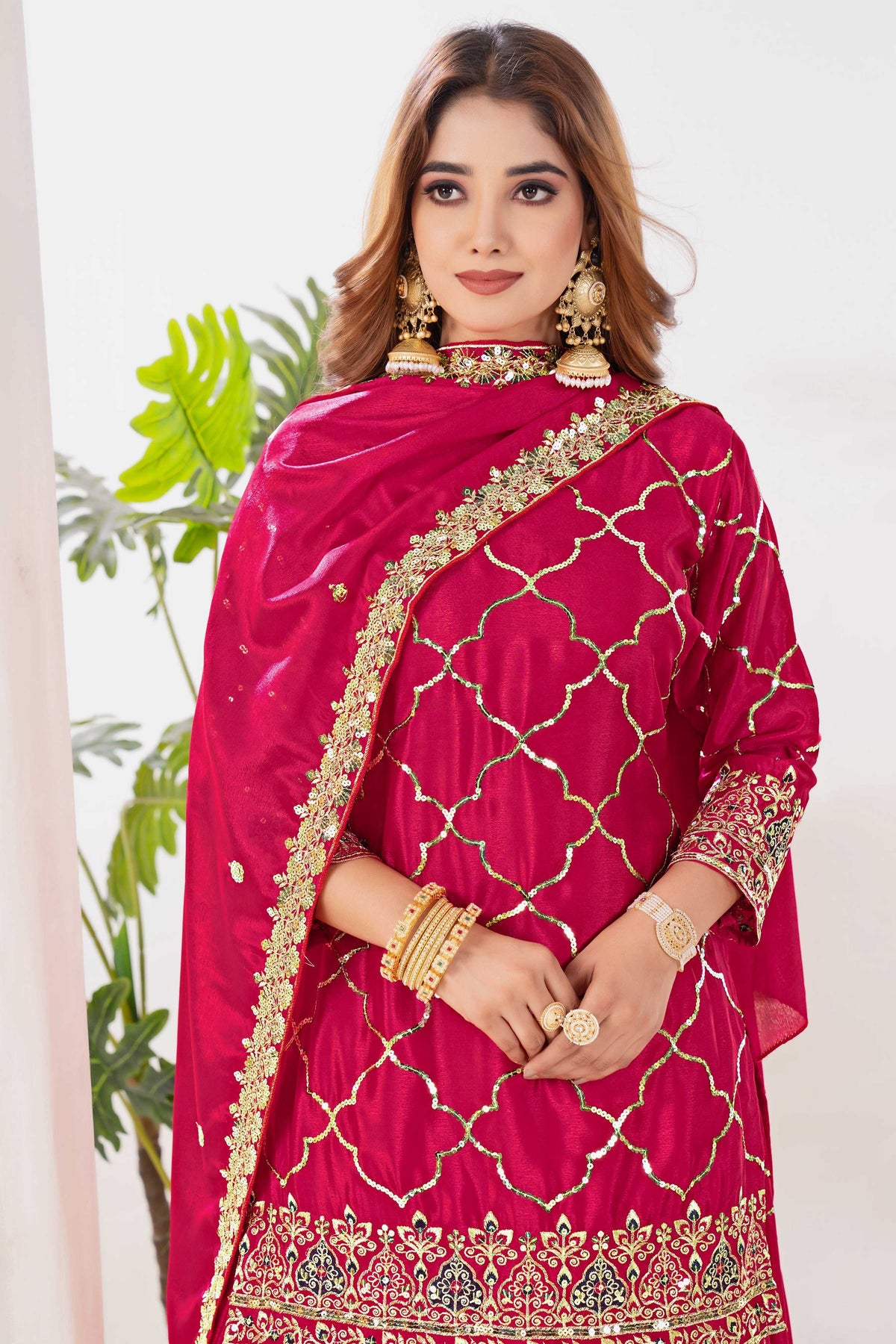 Yash Enterprise Red Chinnon Silk Embroidery Party Wear Suit Set | Grocsy