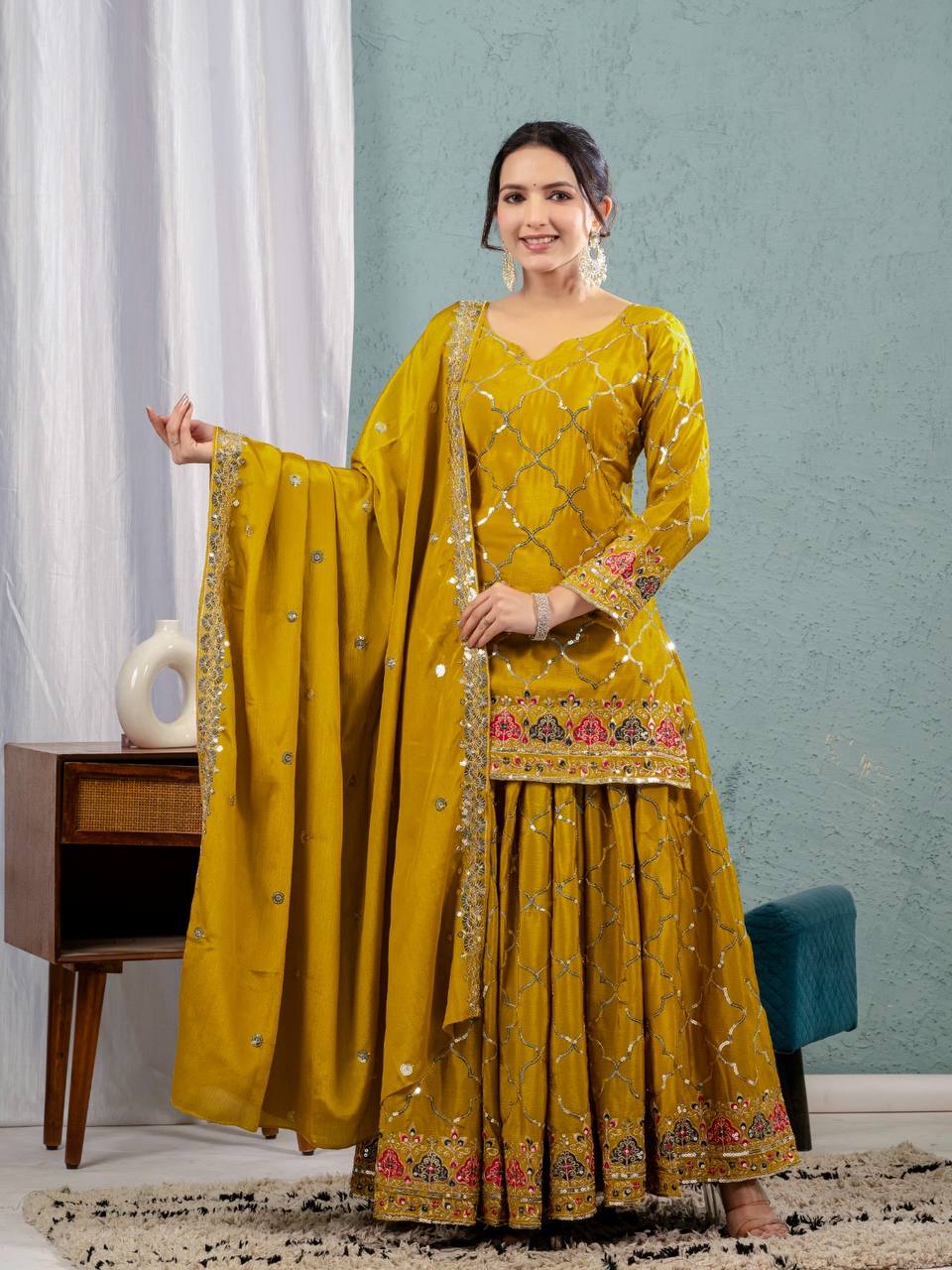 Yash Enterprise Yellow Georgette Embroidery Party Wear Suit Set | Grocsy