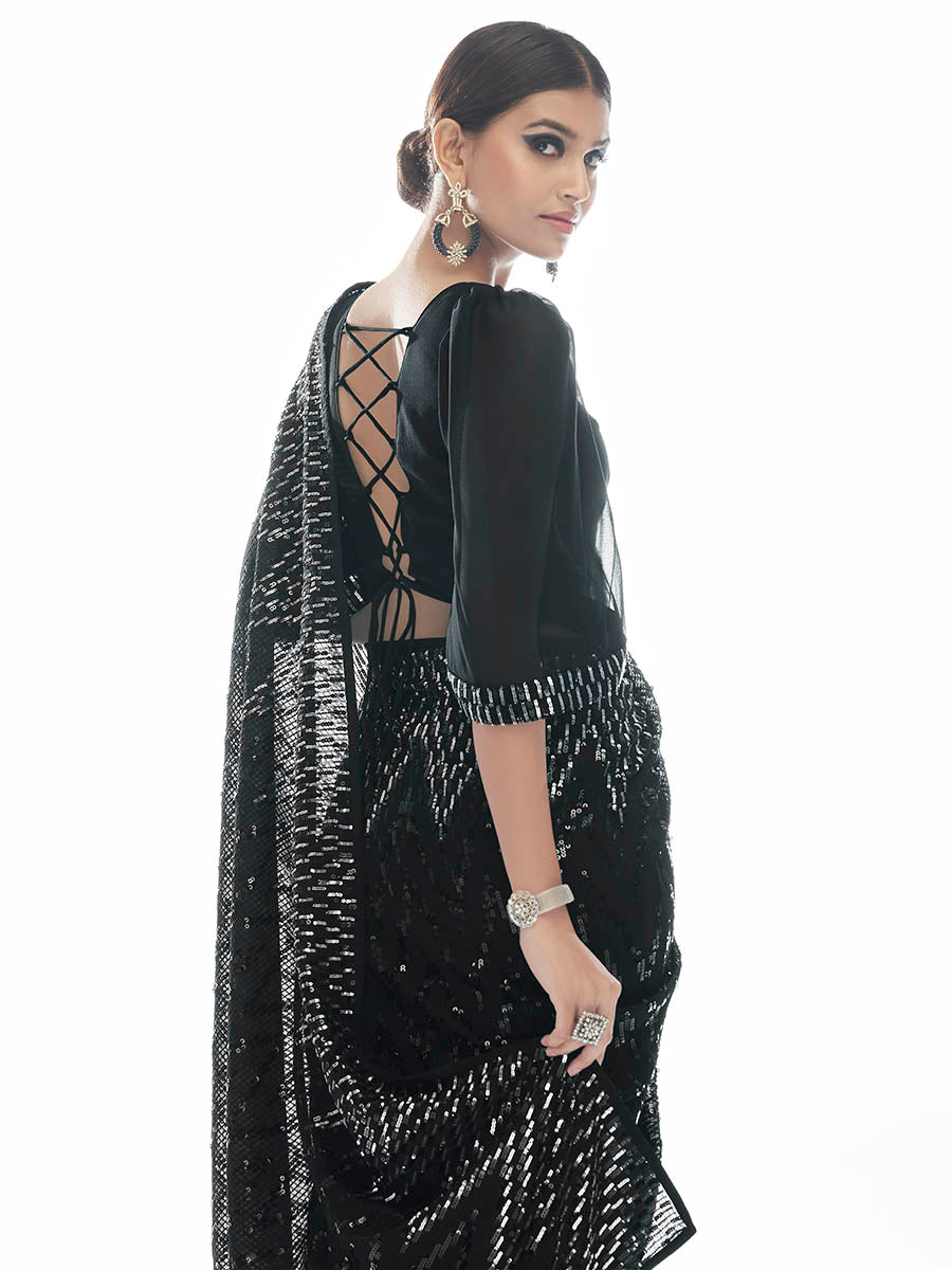 Myra Black Georgette Embroidered Designer  Saree | Grocsy