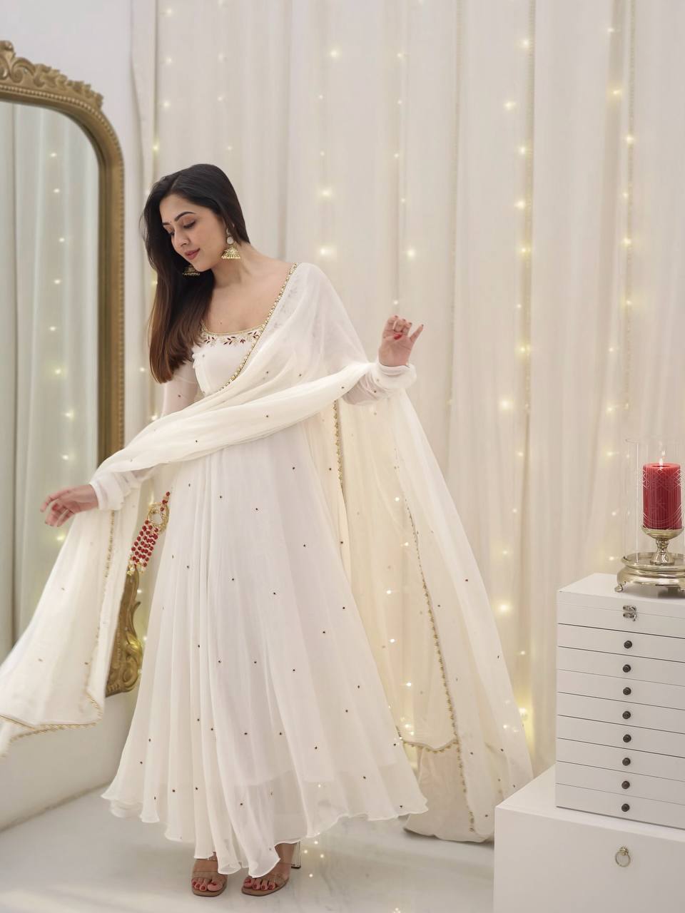 Yash Enterprise White Star Georgette Silk Embroidery Party Wear Uit Set | Grocsy