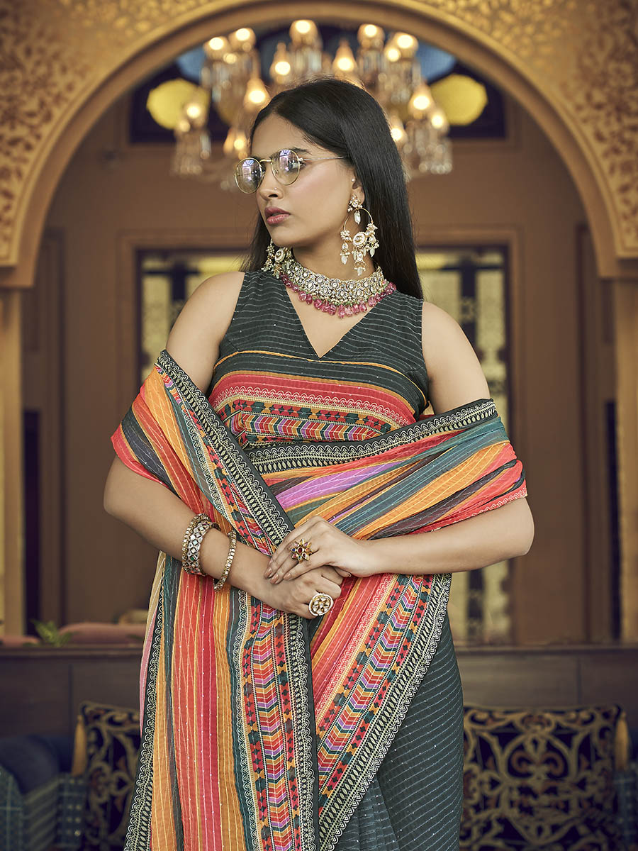 Myra Multicolour Gorgette Designer Saree | Grocsy