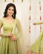 Yash Enterprise Light Green Soft Organza Party Wear Embroidery Suit Set | Grocsy