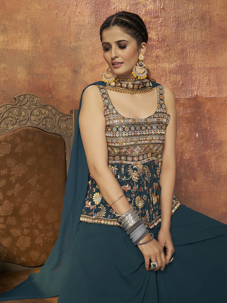 Myra Aequa Blue Georgette Embroidered Designer Suit | Grocsy