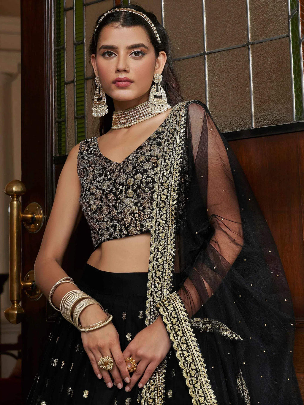 Tulsi Art Dazzling Black Sequin Embroidered Net Lehenga Choli | Grocsy