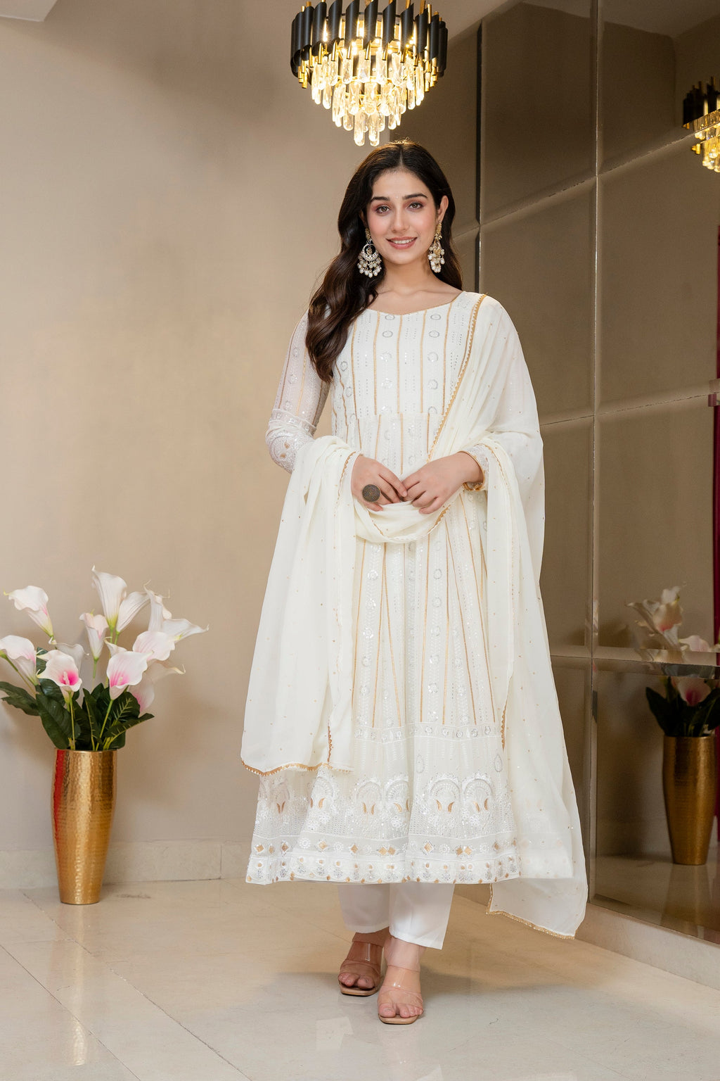 Yash Enterprise Off White Faux Blooming Party Wear Embroidery Suit Set | Grocsy
