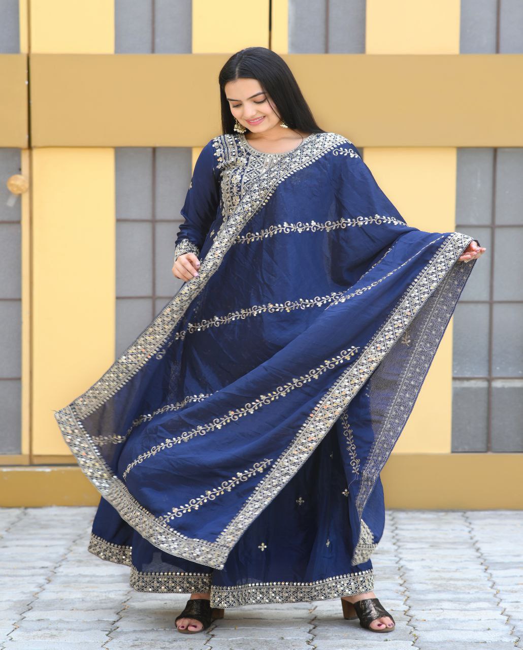 Yash Enterprise Alluring Chinon Silk Navy Blue Embroidery Work Readymade Salwar Suit | Grocsy