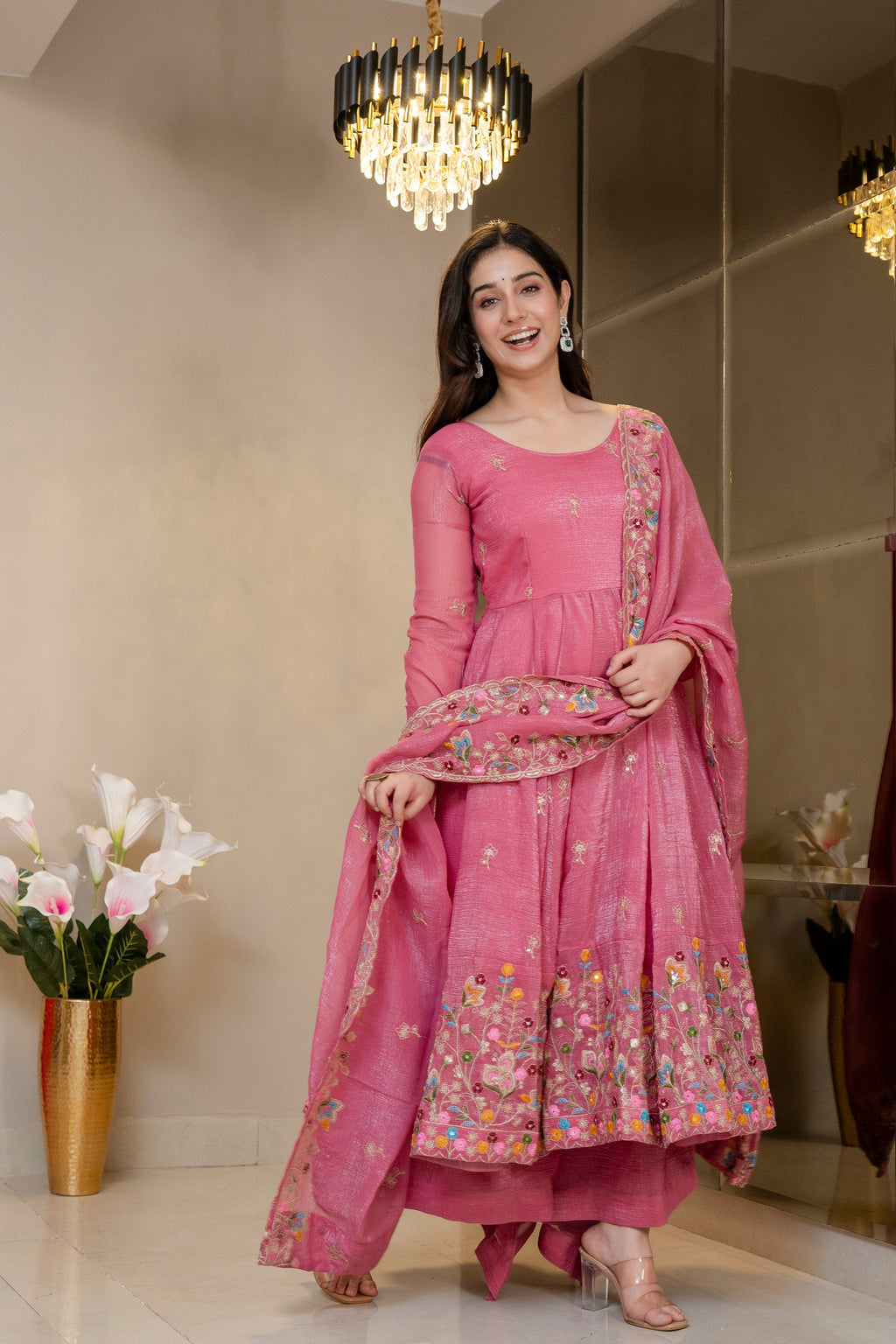 Yash Enterprise Dusty Rose Crunchy Silk Party Wear Embroidery Sharara Suit Set | Grocsy