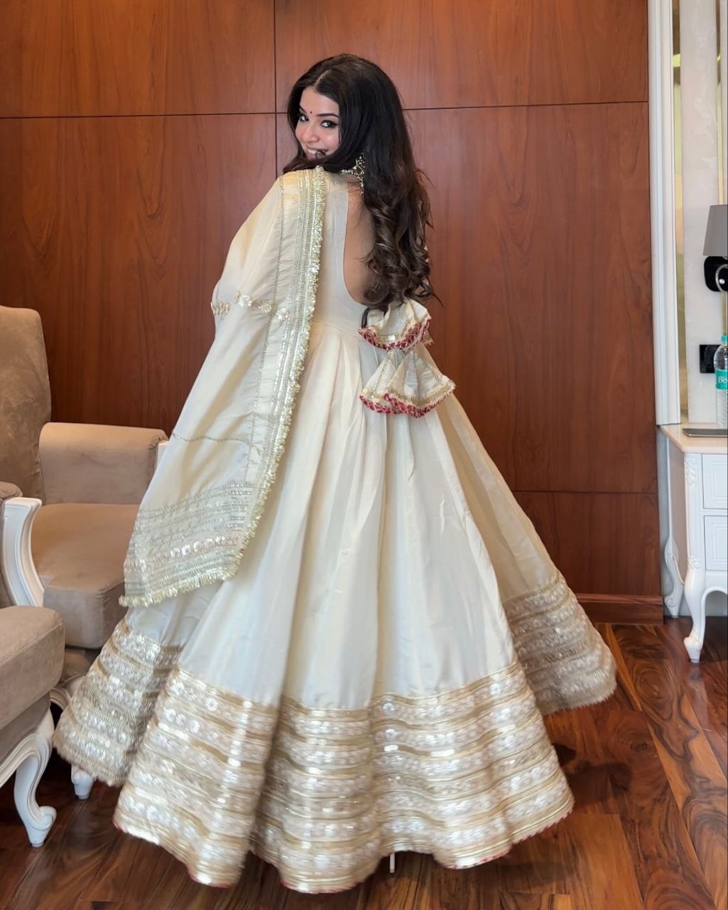Yash Enterprise Of White Chinon Silk With Embroidery Zari Sequins-Work | Grocsy