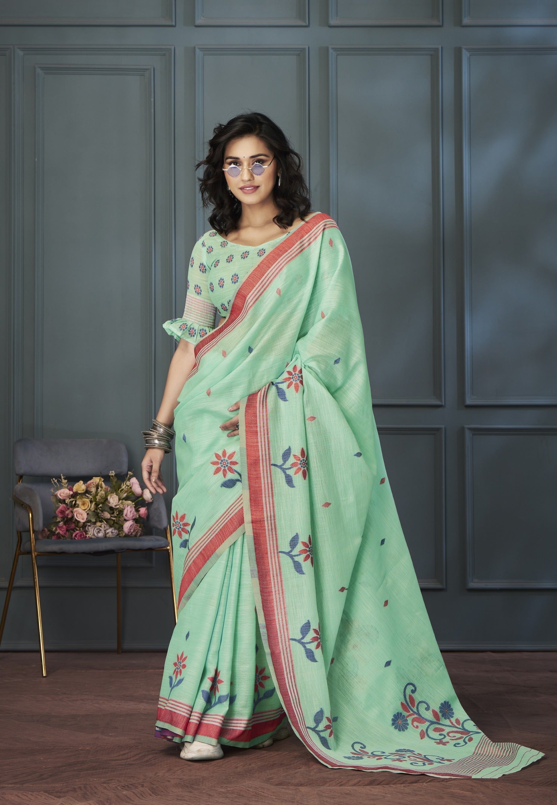 Anaita Light Green Designer Weaving Handloom Linen Saree With Blouse | Grocsy