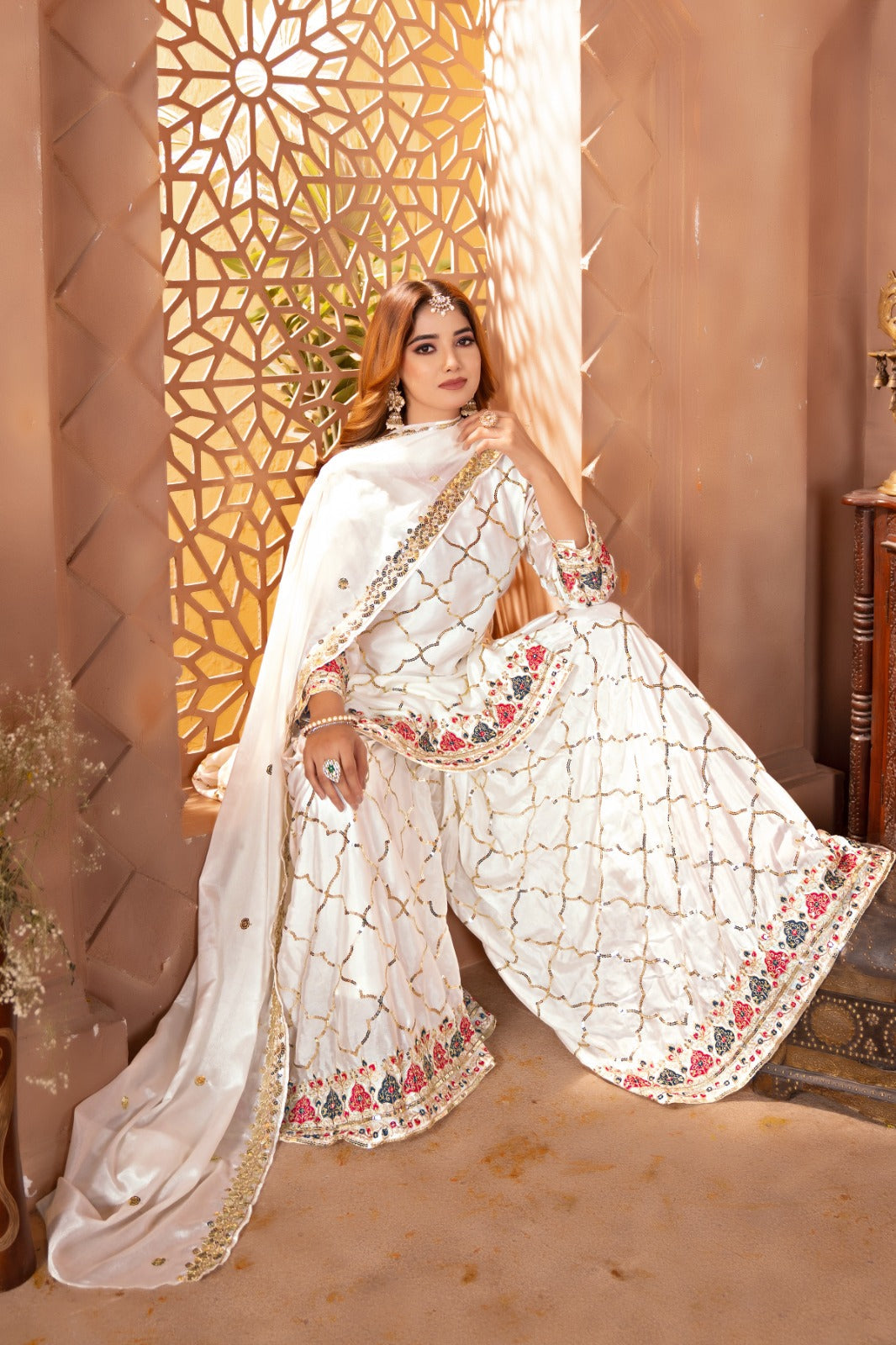 Yash Enterprise White Chinon Silk Embroidery Party Wear Suit Set | Grocsy