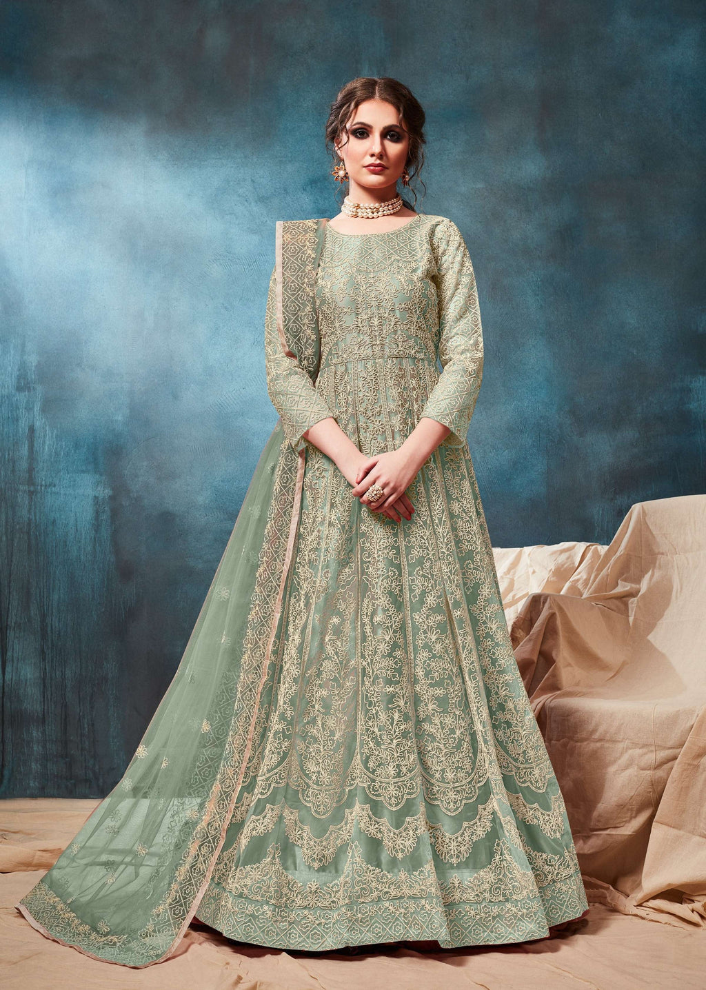 Anaita Light Green Embroidered Net Anarkali Suit | Grocsy