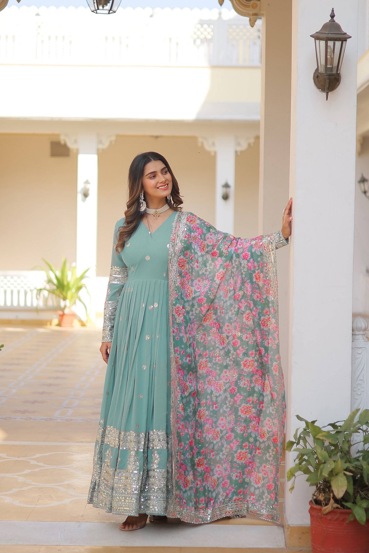Yash Enterprise Sea Green Georgette Embroidered Long Kurti SetWith Multicolour Dupatta | Grocsy
