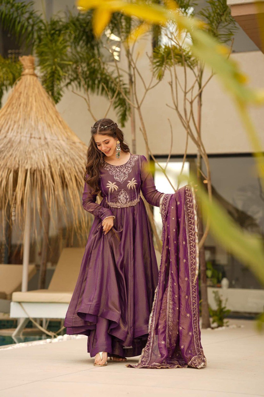 Yash Enterprise Purple Cosmo Silk Party Wear Ebroidery Suit Set | Grocsy