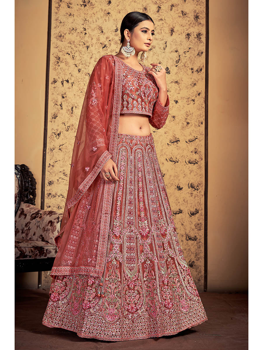 Myra Pink Taupe Soft Net Heavy Embroidered Designer Lehenga | Grocsy