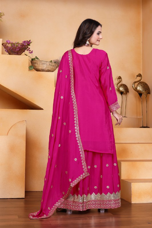 Yash Enterprise Pink Chinon Silk Party Wear Embroidery Suit Set | Grocsy