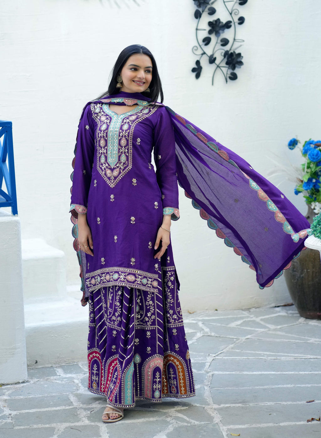 Yash Enterprise Embroidered Chinon With Sequence Blue Readymade Salwar Suit | Grocsy
