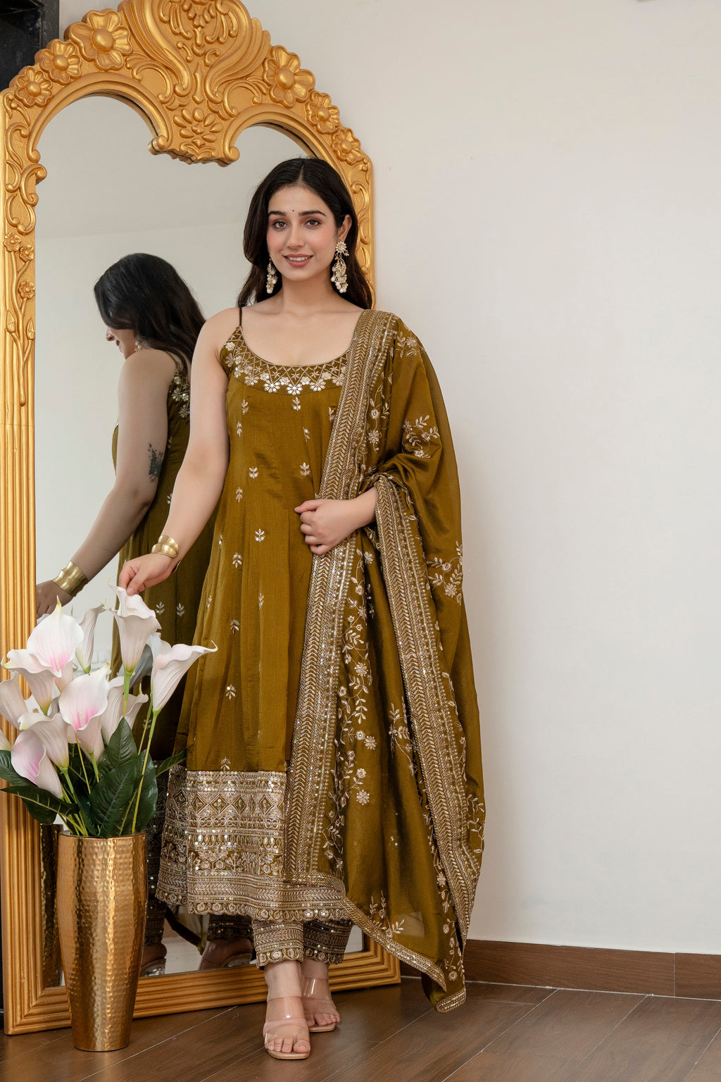 Yash Enterprise Mehndi Vichitra Silk Party Wear Embroidery Suit Set | Grocsy