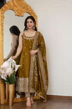 Yash Enterprise Mehndi Vichitra Silk Party Wear Embroidery Suit Set | Grocsy