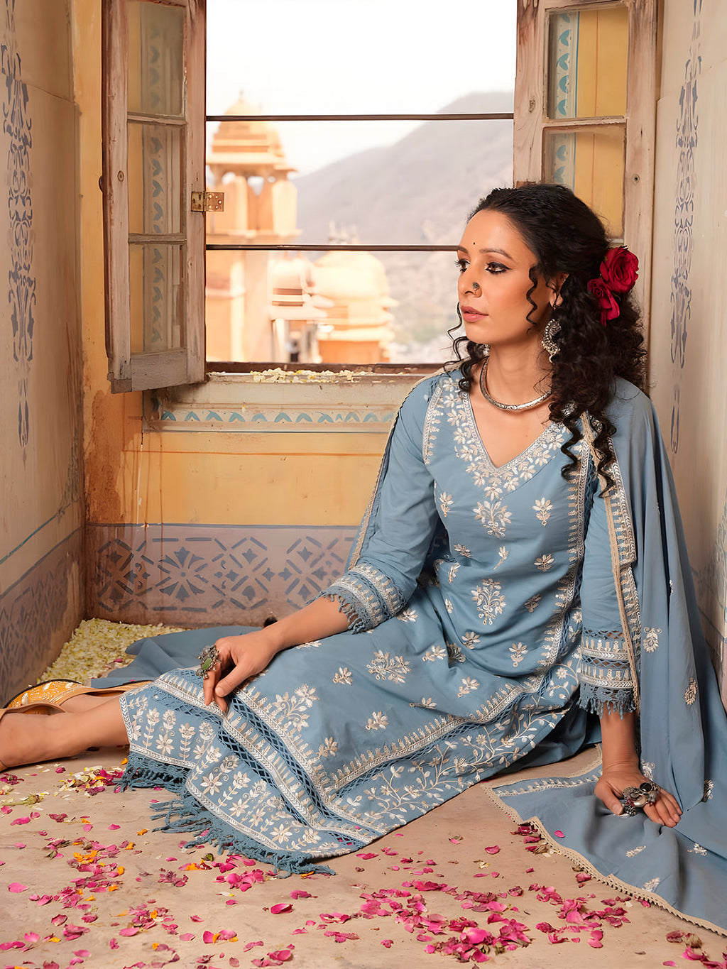 Embroidered & Lace Detailed Kurta With Pant & Embroidered Dupatta Luxury, Multicolor - Hiral Fashion | Grocsy