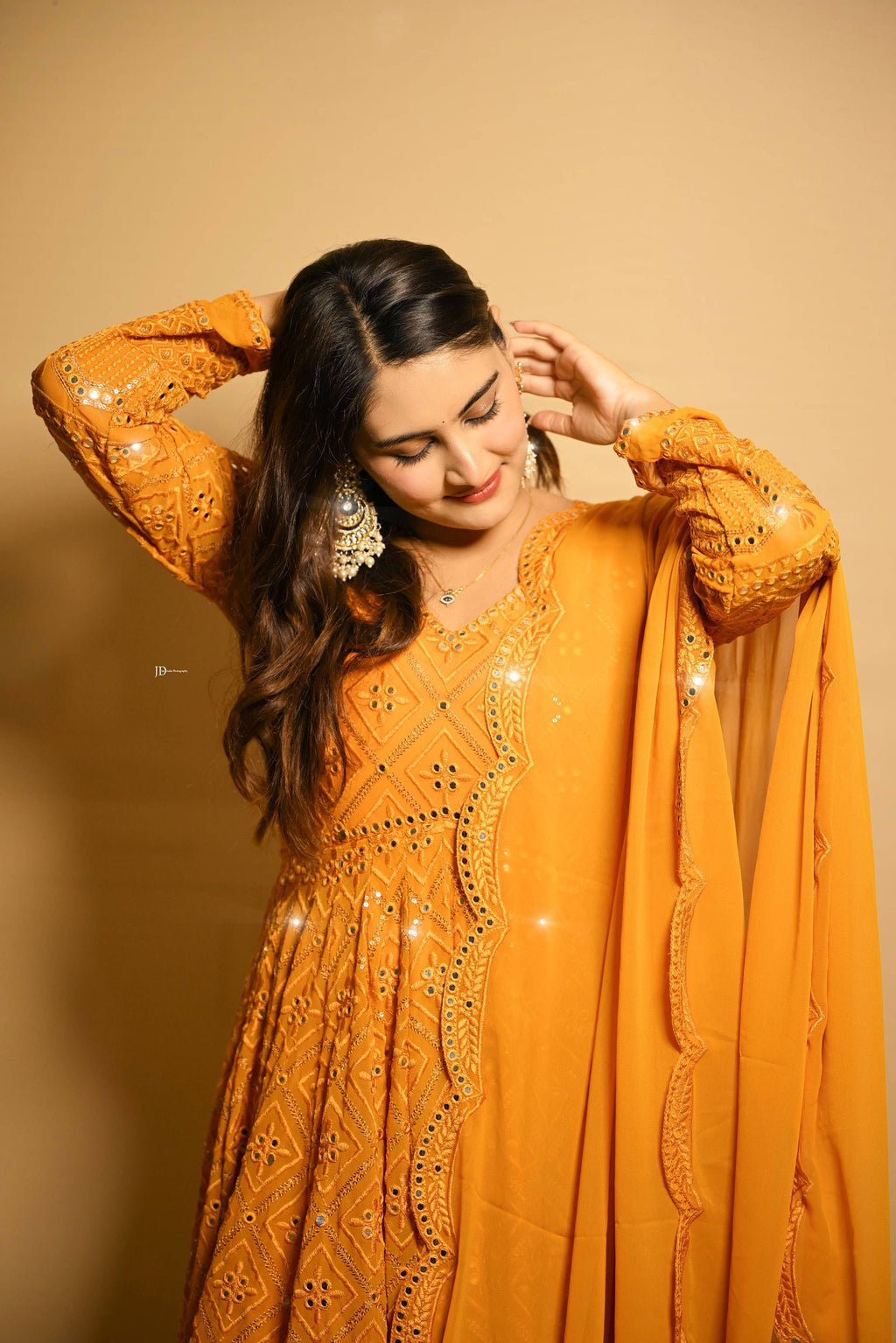 Yash Enterprise Beautiful Yellow Faux Embroidered Wedding Wear Gown With Dupatta | Grocsy
