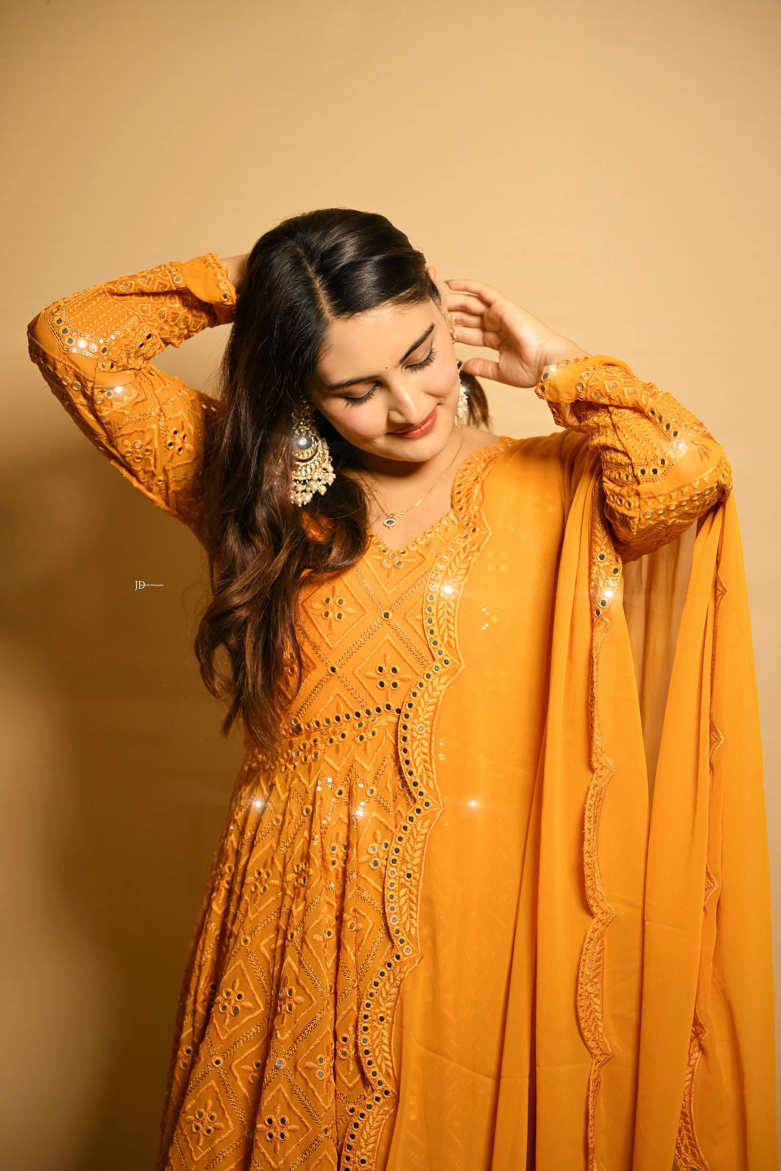 Yash Enterprise Beautiful Yellow Faux Embroidered Wedding Wear Gown With Dupatta | Grocsy