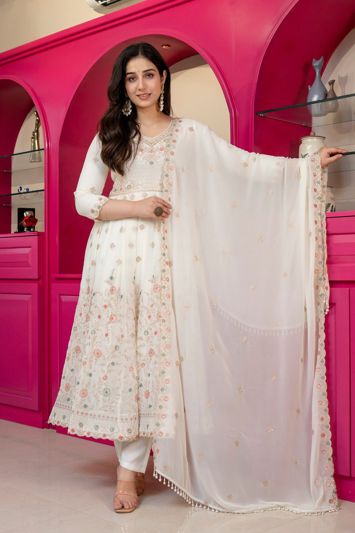 Yash Enterprise Off White Georgette Party Wear Anarkali Suit Set | Grocsy