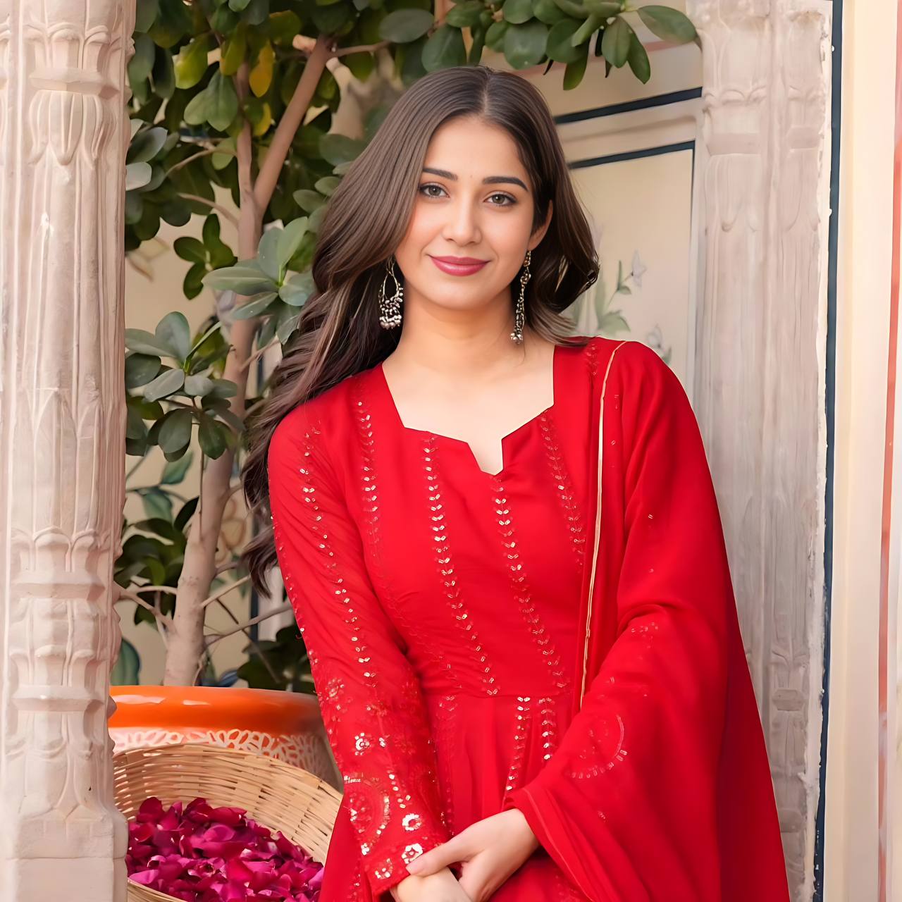 Yash Enterprise Red Faux Georgette Embroidery Work Party Wear Suit Set | Grocsy