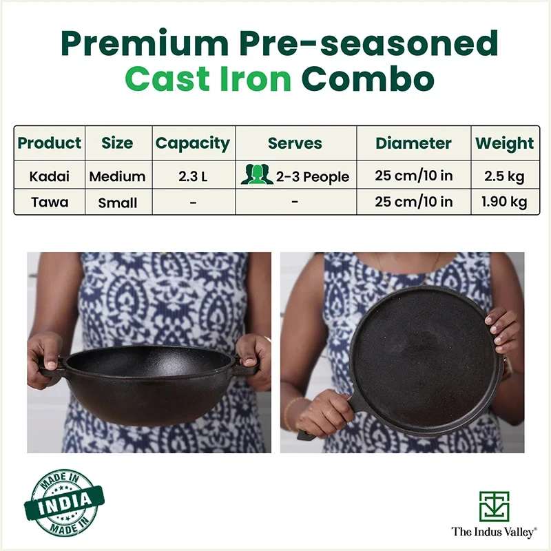 The Indus Valley CASTrong Cast Iron Cookware Set: Tawa + Kadai, Kitchen Set for Home, Pre-seasoned, 100% Pure, Toxin-free, Induction | Grocsy