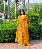 Yash Enterprise Yellow Faux Georgette Embroidery Party Wear Suit Set | Grocsy