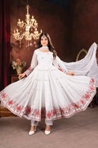 Yash Enterprise White Faux Blooming Embroidery Party Wear Suit Set | Grocsy