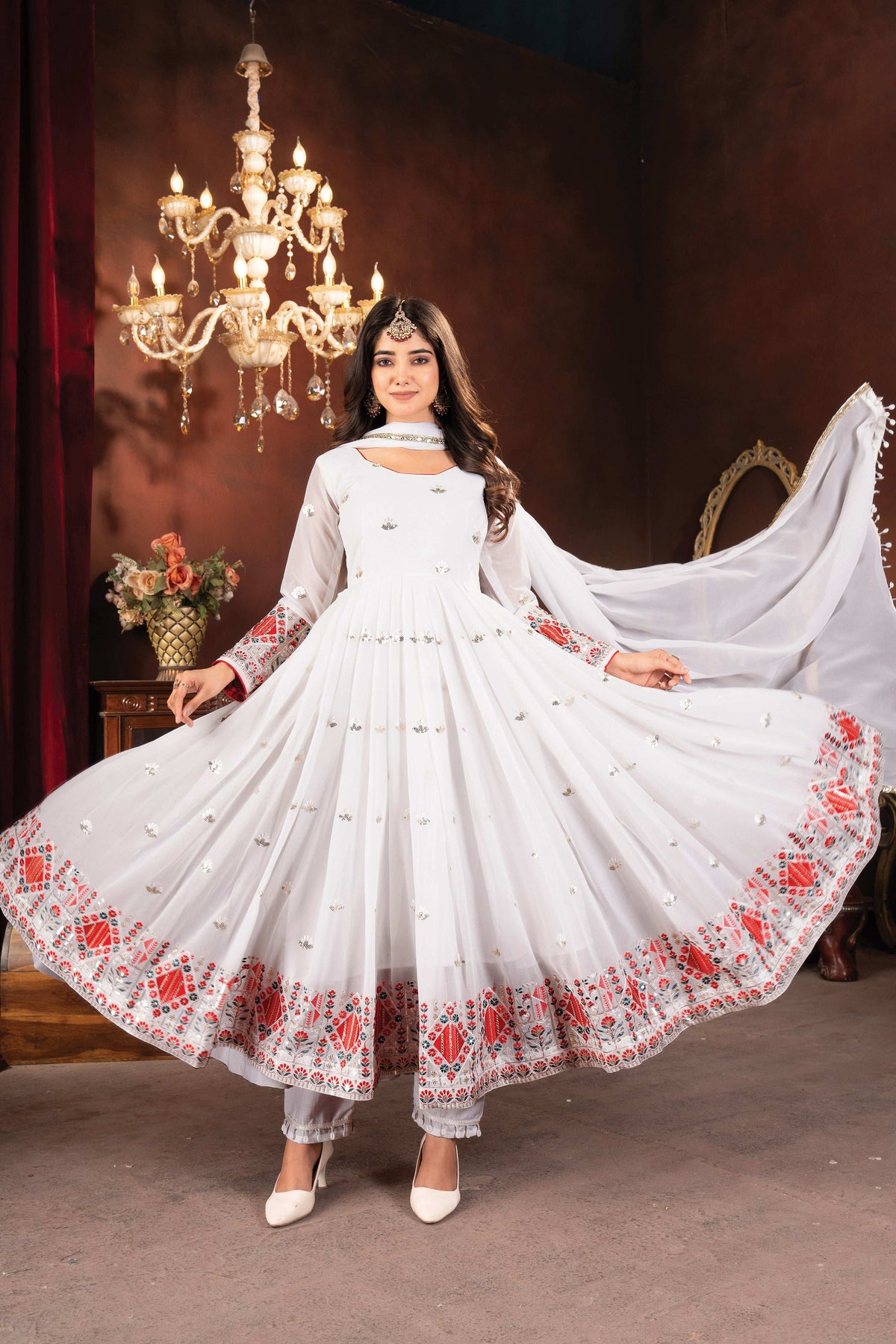 Yash Enterprise White Faux Blooming Embroidery Party Wear Suit Set | Grocsy