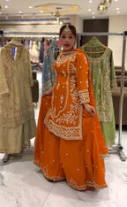 Yash Enterprise Orange Natural Crep Embroidery Party Wear Suit Set | Grocsy