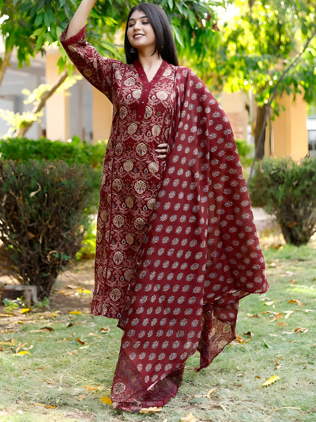 Hand Embroidered & Floral Printed Lace Detailed Kurta With Printed Pant & Dupatta Premium Luxury, Multicolor - Hiral Fashion | Grocsy