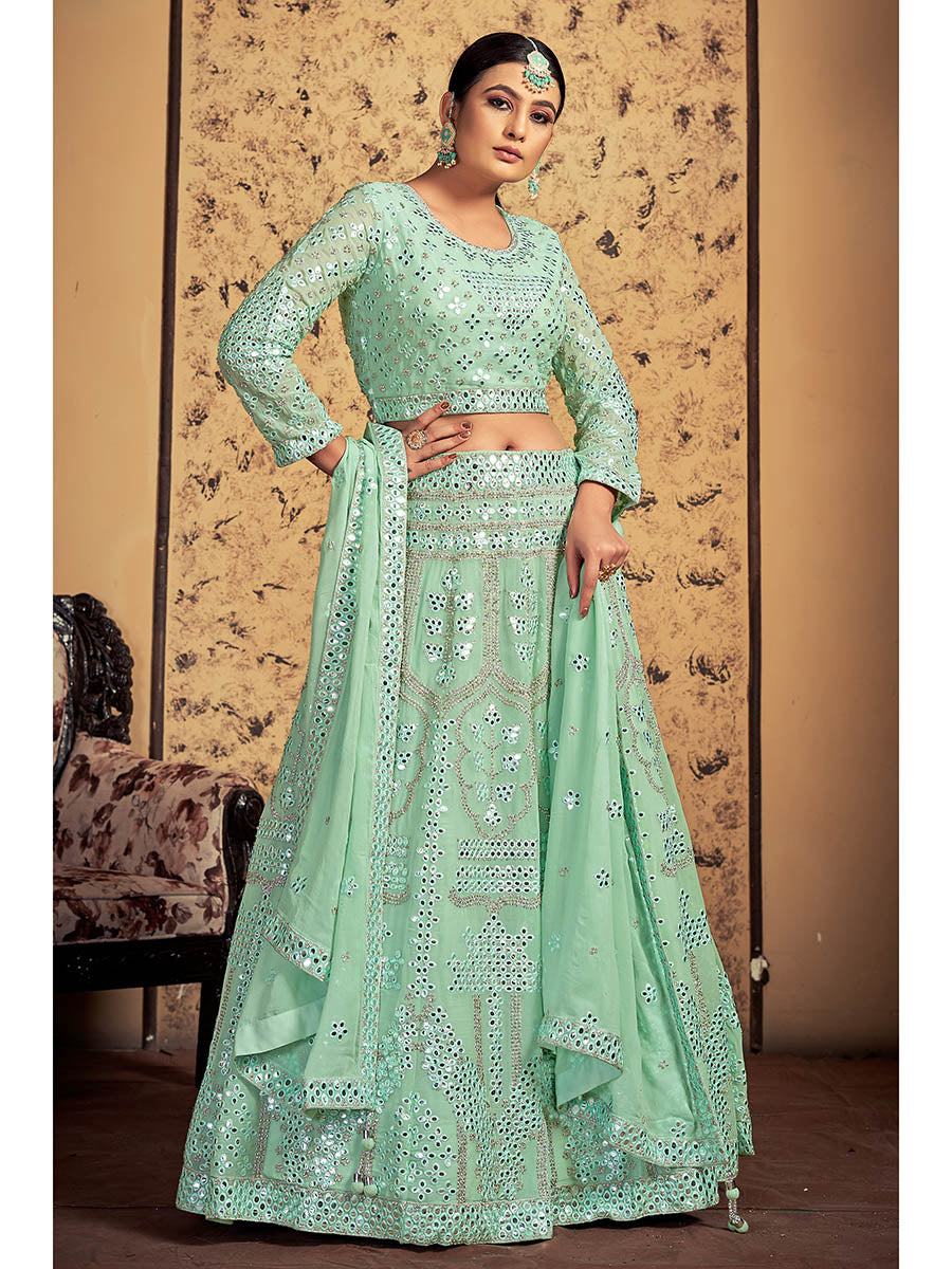 Myra Pista Georgette Heavy Embroidered Designer Lehenga | Grocsy