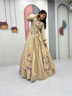 Yash Enterprise Cream Vichitra Silk Party Wear Embroidery Crop Top With Blouse Lehenga Choli | Grocsy