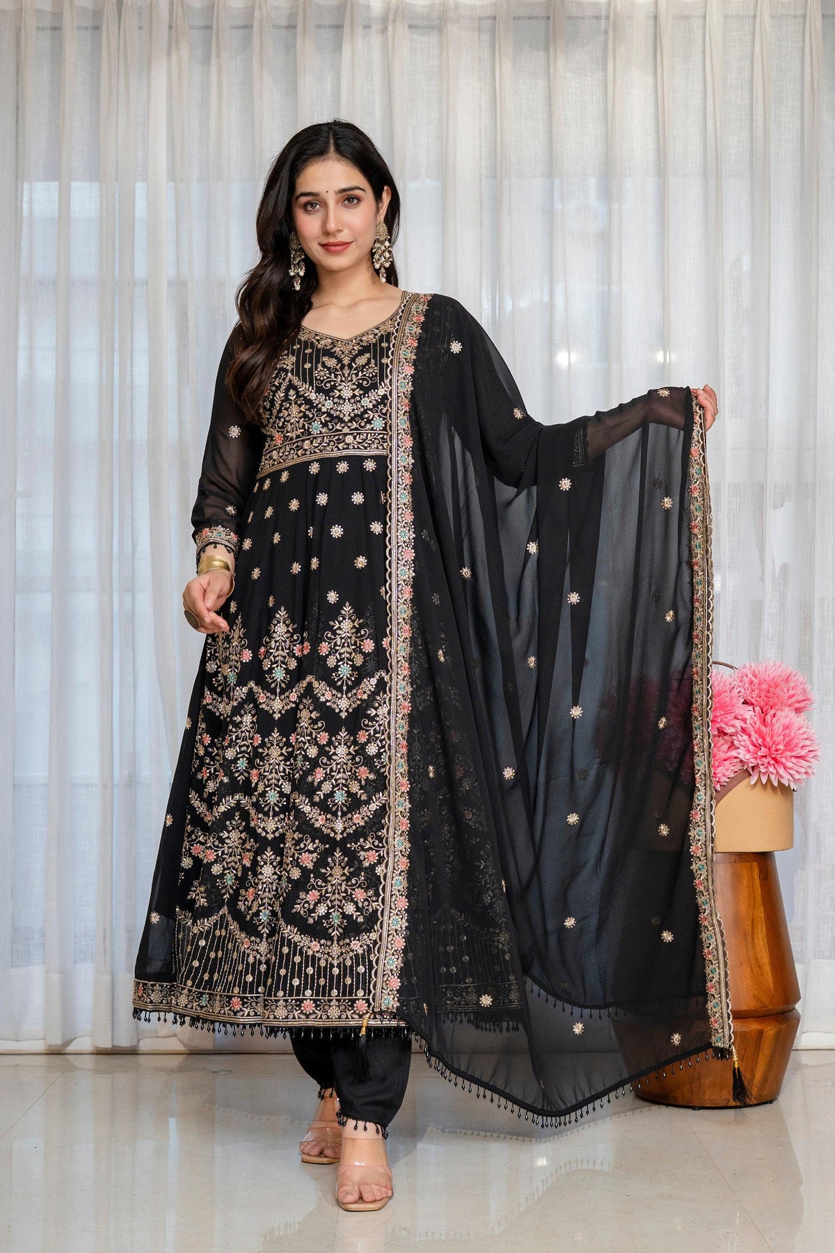Yash Enterprise Black Georgette Party Wear Anarkali Suit Set | Grocsy