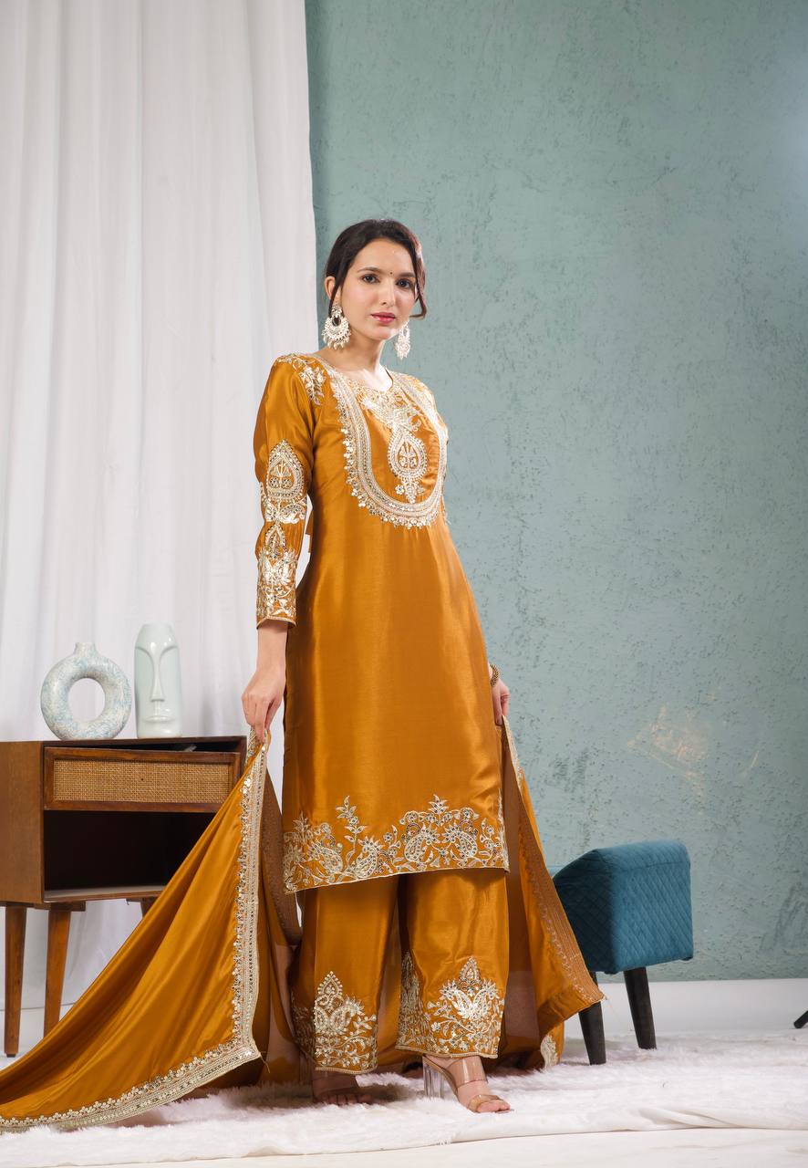 Yash Enterprise Gold Chinnon Silk Embroidery Party Wear Suit Set | Grocsy