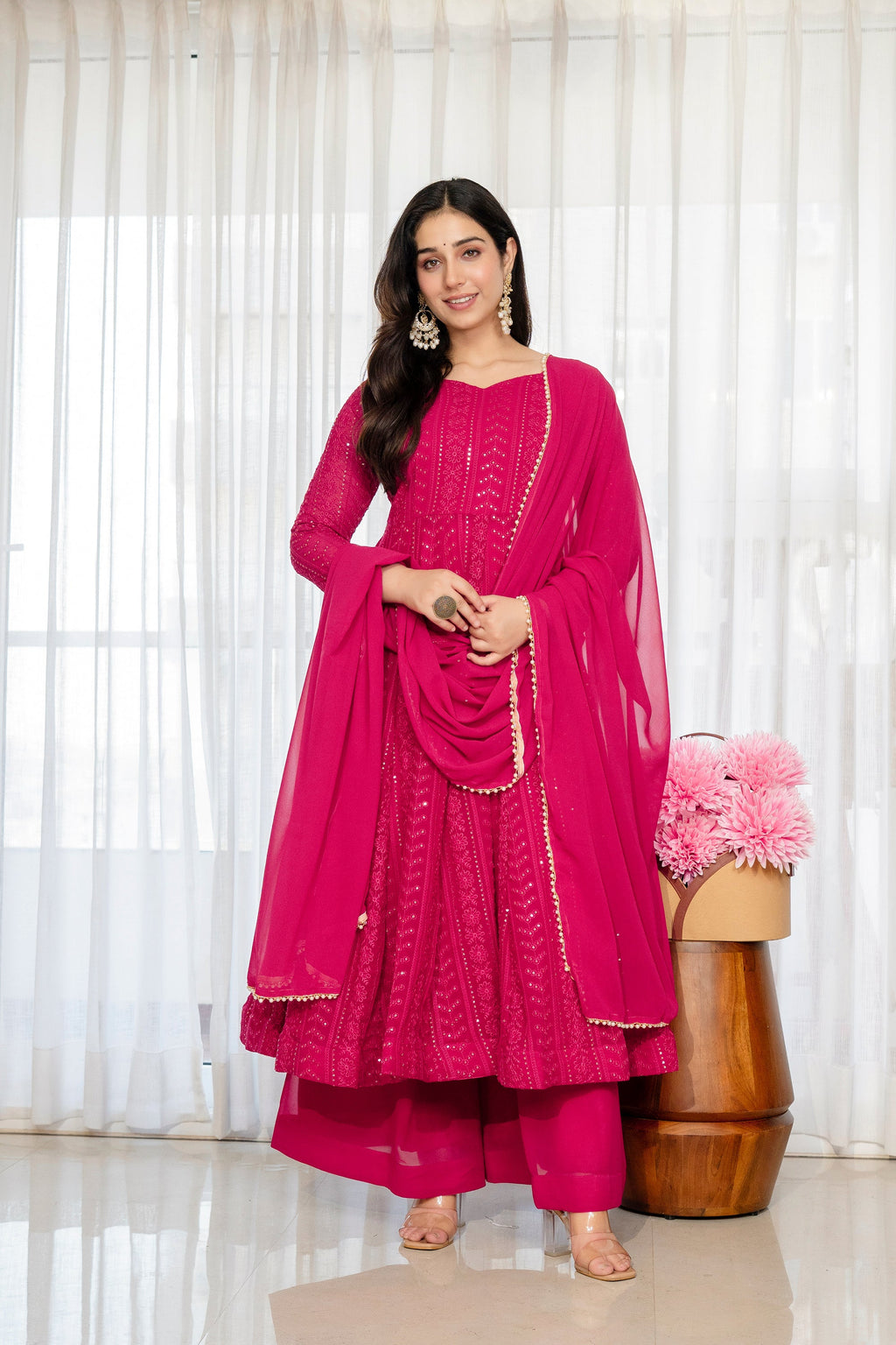 Yash Enterprise Rani Pink Blooming Silk Party Wear Embroidery Sharara Suit Set | Grocsy