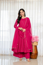Yash Enterprise Rani Pink Blooming Silk Party Wear Embroidery Sharara Suit Set | Grocsy