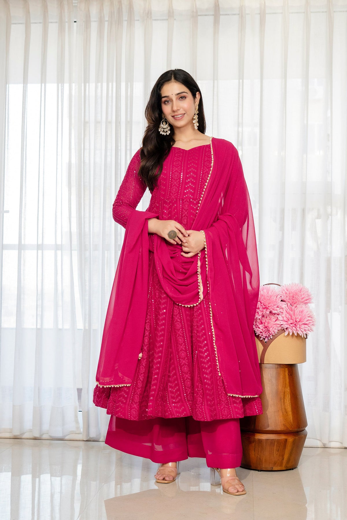 Yash Enterprise Rani Pink Blooming Silk Party Wear Embroidery Sharara Suit Set | Grocsy