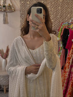 Yash Enterprise Off White Faux Blooming Party Wear Embroidery Suit Set | Grocsy