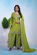 Yash Enterprise Green Chinon Silk Party Wear Embroidery Suit Set | Grocsy